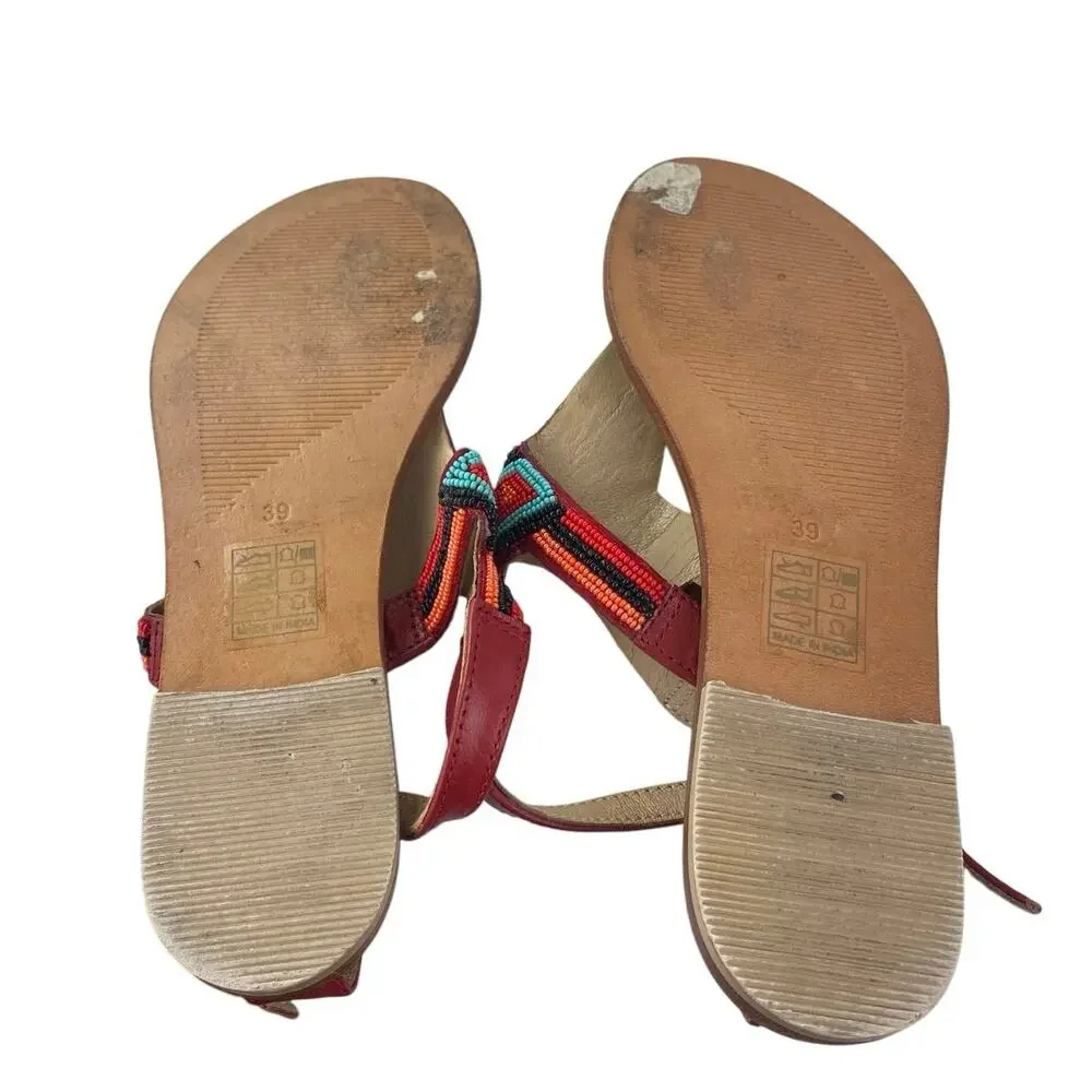 Twist Multicolor Striped  Beaded T-Strap Slingback Buckle Flats Sandals Size 8.5